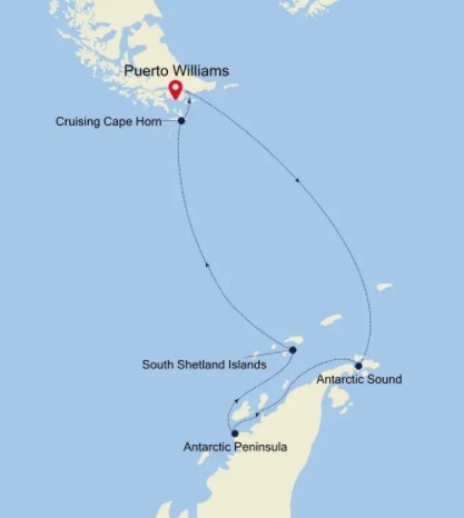 Map for Antarctic Peninsula from Puerto Williams aboard Silver Cloud