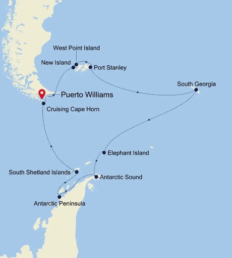 Map for Puerto Williams to Puerto Williams 20 Day Antarctica Adventure with South Georgia