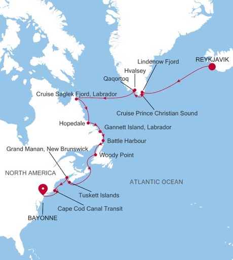 Map for 16 Days Luxury Arctic Cruise - Reykjavik to Bayonne