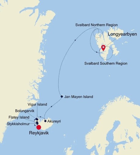 Map for Reykjavik to Longyearbyen - Iceland & Spitsbergen Luxury Expedition Cruise