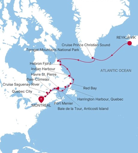 Map for 19 Days Luxury Canadian Arctic Expedition - Reykjavik to Montreal