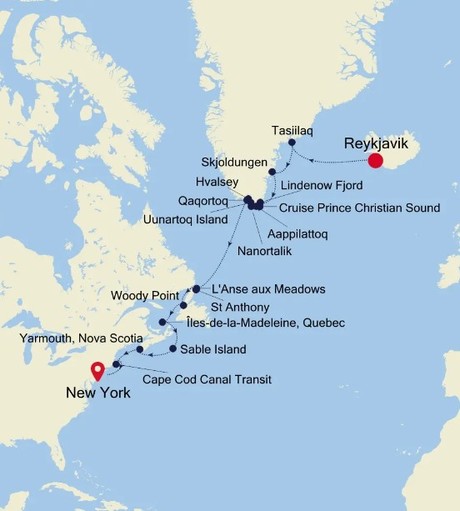 Map for Reykjavik to New York Luxury Cruise
