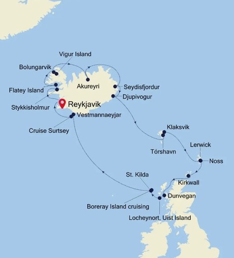Map for Reykjavik to Reykjavik - 17 Day Iceland & British Isles Adventure Luxury Cruise