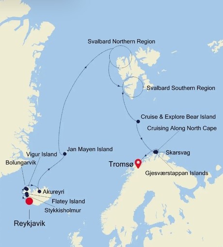Map for Reykjavik to Tromsø - Spitsbergen & Iceland Luxury Expedition