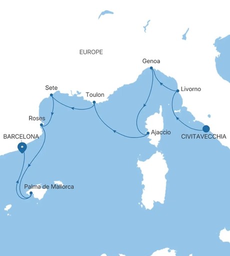 Map for Civitavecchia to Barcelona - Italy, France & Spain Luxury 9 Day Cruise