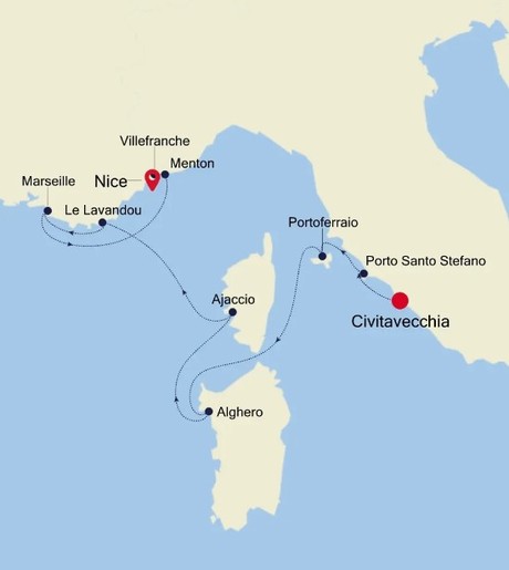 Map for Civitavecchia (Rome) to Nice