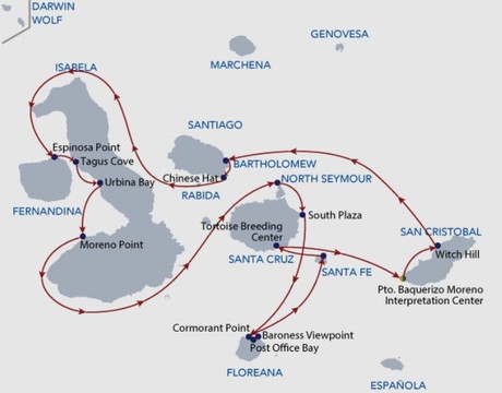 Map for Naturalist Galapagos 8 Day Calipso Cruise