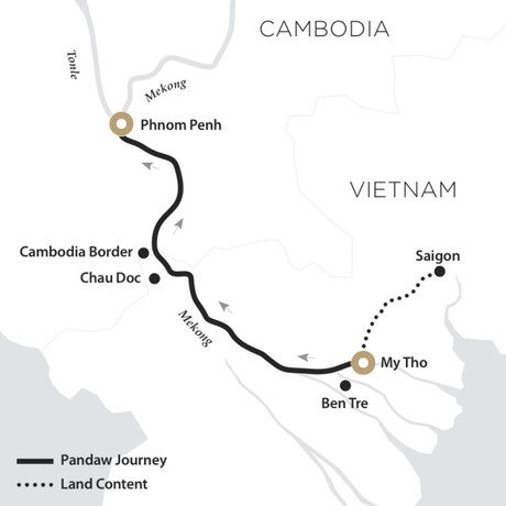 Map for Saigon to Phnom Penh River Cruise