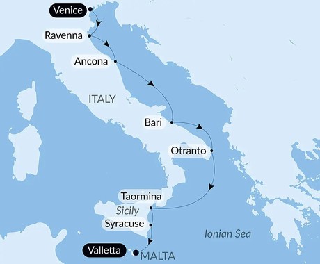 Map for Sailing the Adriatic: Treasures of Eastern Italy and Sicily – with Smithsonian Journeys