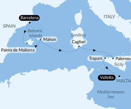 Map for Cruising the Mediterranean: Sicily, Sardinia, and Mallorca – with Smithsonian Journeys