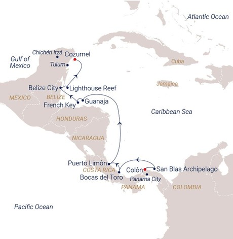 Map for Uncovering the Secrets of Central America Sailing Cruise