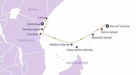 Map for Seychelles, Aldabra, Zanzibar with Lamu
