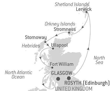 Map for Shetland, Orkney & Hebrides with Le Champlain