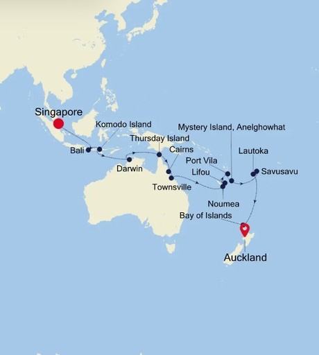 Map for Singapore to Auckland Luxury Cruise