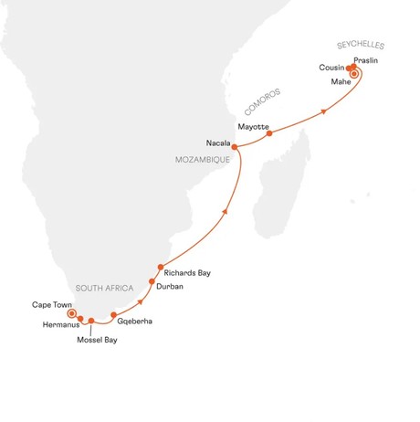 Map for South Africa and the Indian Ocean Small Ship Cruise