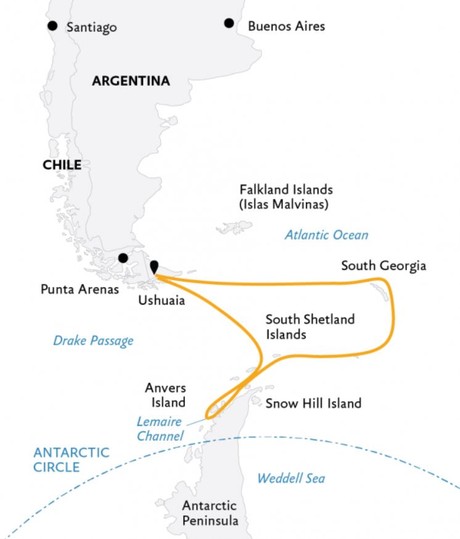 Map for South Georgia & Antarctica: Penguin Safari aboard Deluxe Small Ship