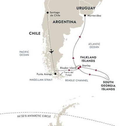 Map for South Georgia & Falklands Expedition Cruise From Punta Arenas to Montevideo