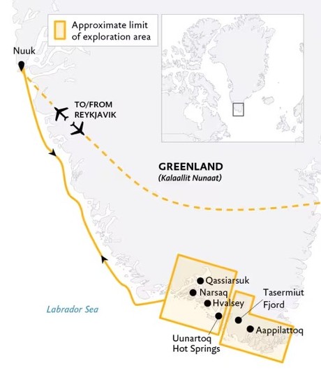 Map for South Greenland: Exploring Glaciers, Fjords and Viking Culture