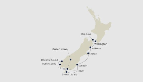 Map for South Island and Fiordlands of New Zealand - From Bluff to Wellington