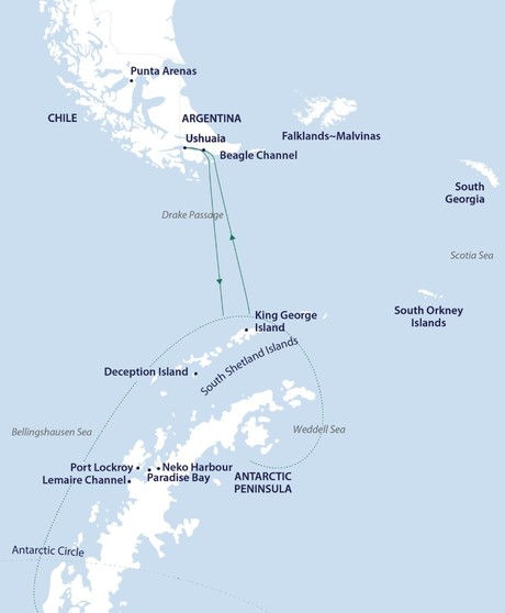 Map for Southern Antarctic Realms: Antarctic Circle & Weddell Sea
