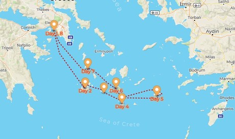 Map for Southern Cyclades Sailing Small Ship Cruise