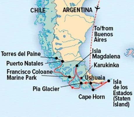 Map for Southern Patagonia: Glaciers, Fjords & Wildlife