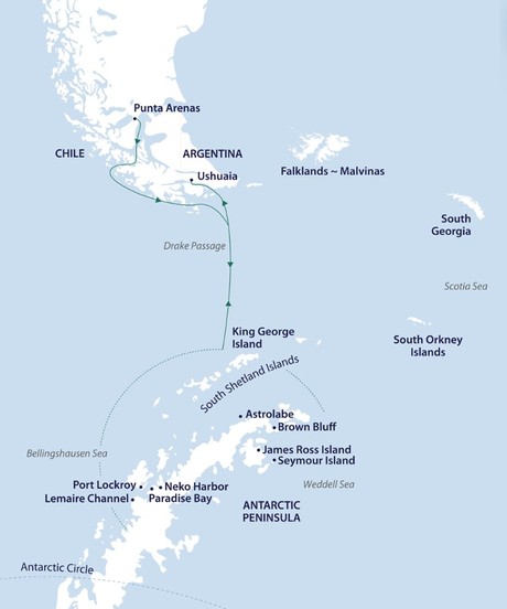 Map for Spirit of Antarctica Expedition featuring the Chilean Fjords