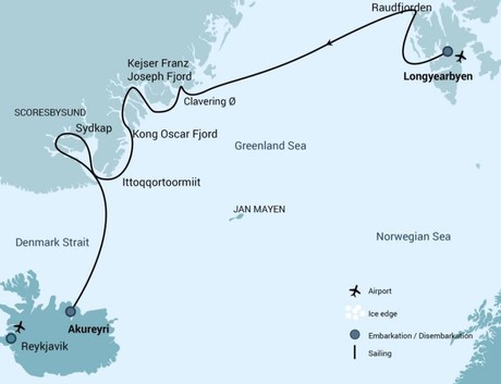 Map for Spitsbergen aboard Ortelius - Northeast Greenland, Aurora Borealis