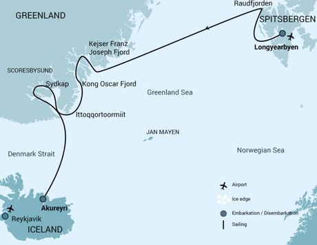 Map for Spitsbergen aboard Hondius - Northeast Greenland