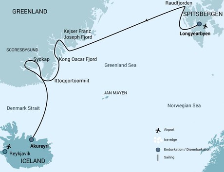Map for Spitsbergen & Northeast Greenland - Aurora Borealis aboard Plancius