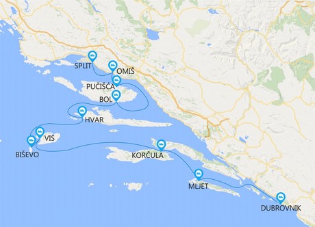 Map for Croatia Island Hopping Cruise from Dubrovnik to Split