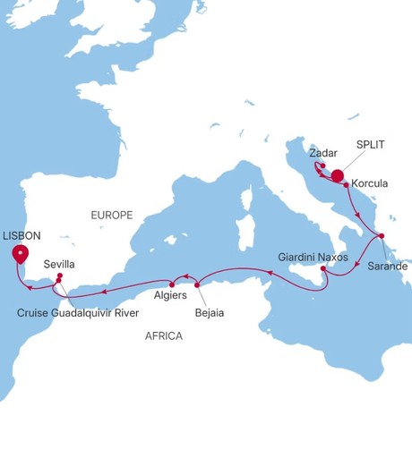 Map for 15 Days Luxury Mediterranean Cruise - Split to Lisbon