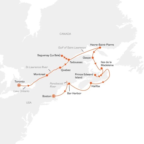 Map for St Lawrence River, Nova Scotia and Maine Small Ship Cruise