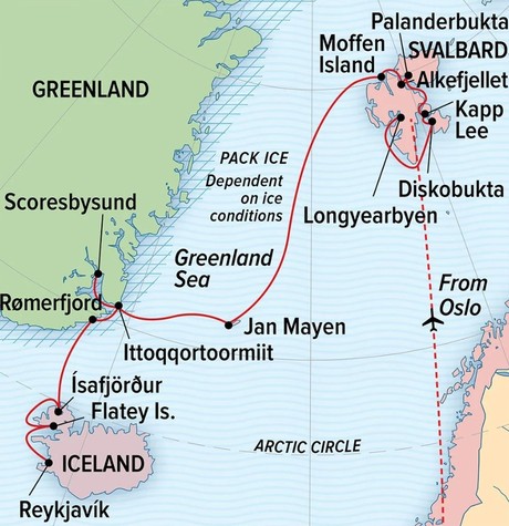 Map for Svalbard, Iceland & Greenland's East Coast