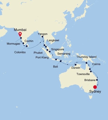 Map for Sydney to Mumbai All Inclusive 38 Day Luxury Cruise