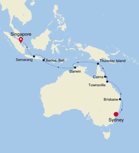 Map for Sydney to Singapore Luxury Cruise