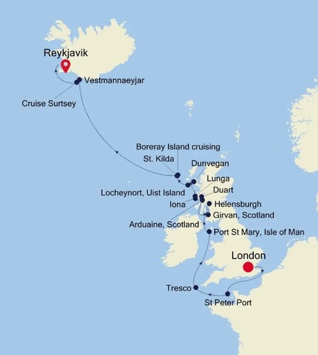 Map for London (Tower Bridge) to Reykjavik Luxury Cruise