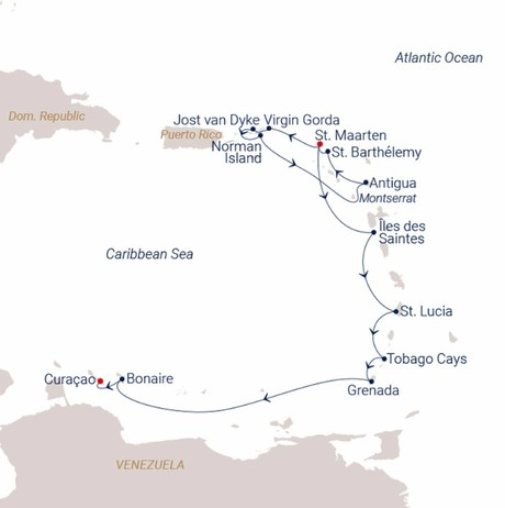 Map for Sailing on The Trade Winds - Caribbean Sailing Cruise