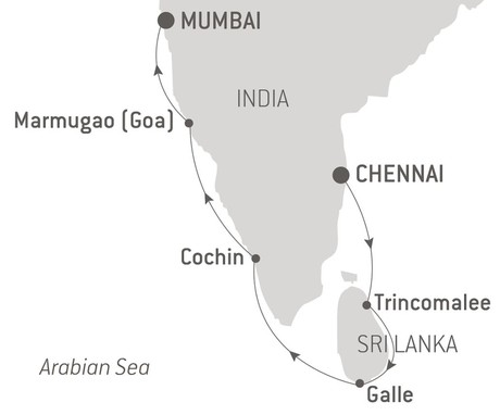 Map for Treasures of India & Sri Lanka aboard Champlain