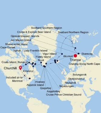 Map for Tromso to Churchill - 33 Day Arctic Luxury Expedition Cruise 