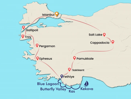 Map for All Around Turkey with Gulet Cruise - 17 Day Tour of Turkey