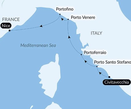 Map for Tuscany, Liguria and the French Riviera - Italy & France Luxury Cruise