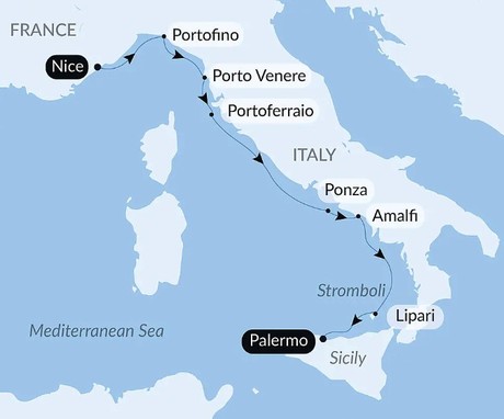 Map for Under Sail Aboard Le Ponant from the Riviera to Sicily in Luxury