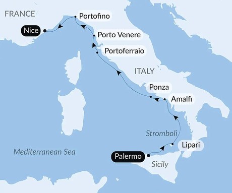 Map for Under Sail Aboard Le Ponant from Sicily to the Riviera in Luxury