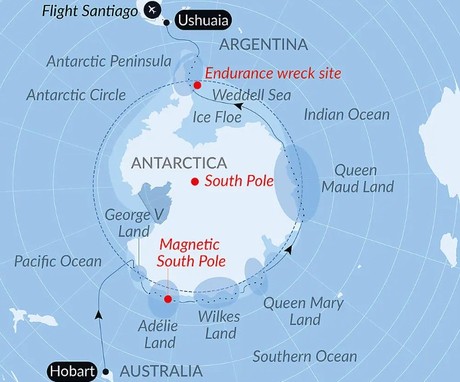 Map for Unexplored Eastern Antarctica between Two Continents Luxury Cruise