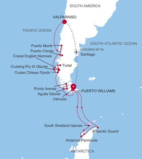 Map for 21 Days Luxury Patagonia & Antarctica Cruise - Valparaiso to Puerto Williams