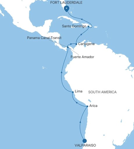 Map for Valparaiso to Fort Lauderdale - Central & South America Luxury 19 Day Expedition Cruise