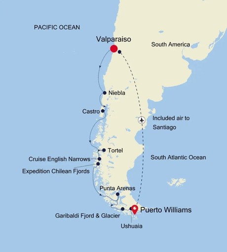 Map for Valparaiso to Puerto Williams - 15 Day Patagonia Luxury Cruise