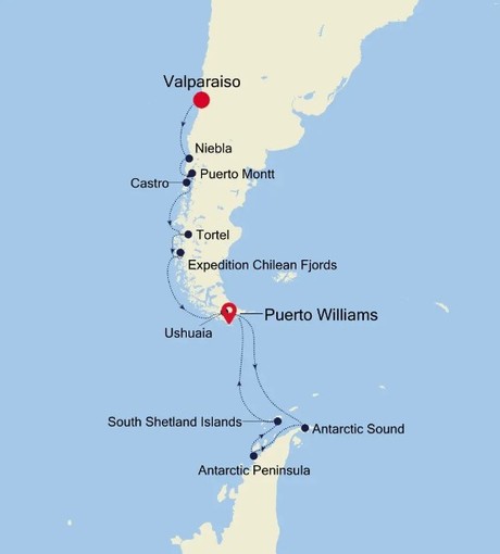 Map for Valparaiso to Puerto Williams Antarctica & Patagonia Luxury Cruise