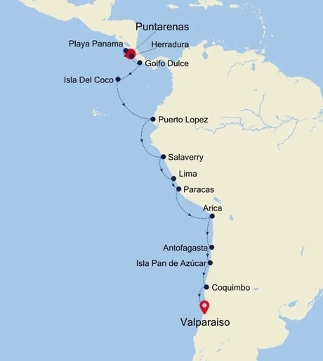 Map for Puntarenas to Valparaiso - 21 Day Costa Rica, Peru & Chile Luxury Expedition